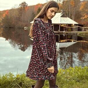Doen Nora Velvet Dress‎ Teal Canterbury Paisley Big Collar Mini Ruffle Floral XS